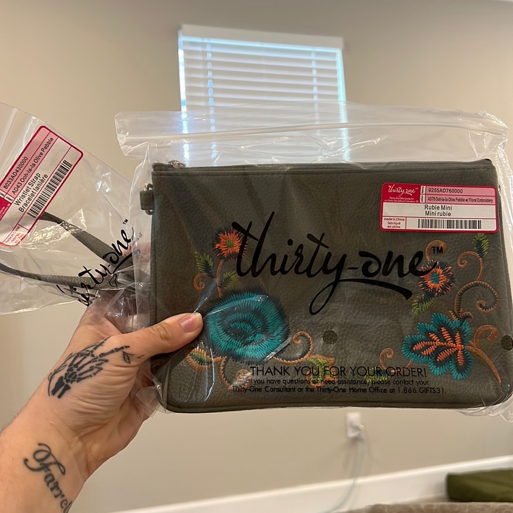 Thirty-One Olive Embroidered Rubie Mini Wristlet